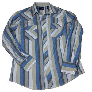 Vintage Wrangler Pearl Snap Shirt L Blue Gray Western Stripe Long Sleeve
